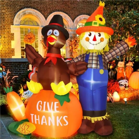 6 Ft Thanksgiving Inflatables Turkey and Scarecrow Decor Built-in LED Lights